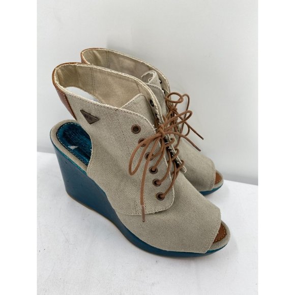 DIESEL Khaki Canvas  Peep Toe Blue Metallic Wedge Heel Shoes Women's Sz 40 (9) - Picture 12 of 12